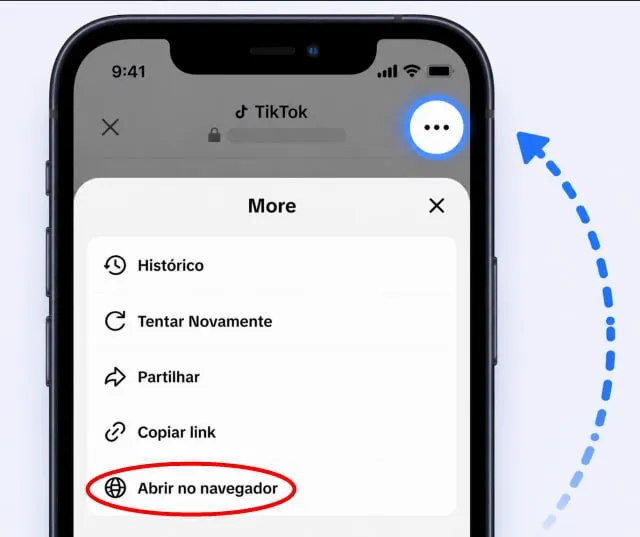 Guia: tocar nos três pontos e abrir no navegador